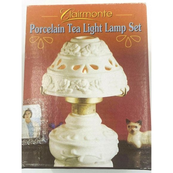 Other Vintage Clairmonte Porcelain Tea Light Candle Lamp Set Carved